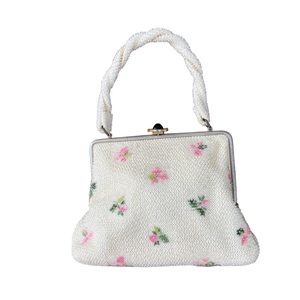 Lumured 1950’s Vintage Corde Beaded Floral Cream  Satchel Purse